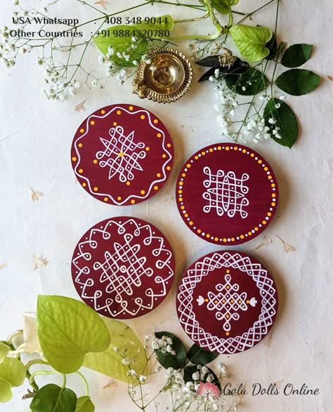 Versatile four-inch round maroon manais with traditional kollam designs. These can be used individually or as a set for both utilitarian and decorative purposes. Lipan Art Coasters, Terracotta Plates, Coaster Painting, Object Painting, Cd Craft, Kolam Art, Art Deco Design Graphics, Kolam Design, Sikku Kolam