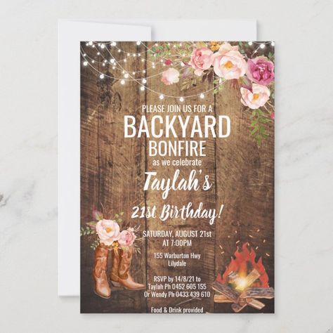 Floral Backyard Bonfire Birthday Party Invitation | Zazzle.com Boots Birthday Party, Floral Backyard, Bonfire Birthday Party, Bonfire Birthday, Backyard Bonfire, Backyard Birthday Parties, Country Birthday, Bonfire Party, Floral Birthday Party