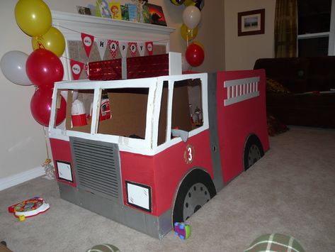 A Day in the Life: Cardboard Fire Truck Fire Truck Craft, Truck Crafts, Cardboard Car, Fireman Party, Firetruck Birthday Party, Fire Truck Party, Fireman Birthday, Firefighter Party, Firefighter Birthday