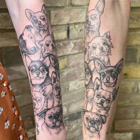 Kerrie Em Hibbert on Instagram: “Ultimate dog mumma goals 🐾 I had the best day immortalising Michelle’s doggos. Pet portraits are always a solid favourite of mine 🖤 • • •…” Dog Sleeve Tattoo, Portrait Tattoo Sleeve, Dog Portrait Tattoo, Baby Tattoo Designs, Pawprint Tattoo, Leg Sleeve Tattoo, Different Tattoos, Memorial Tattoos, Badass Tattoos