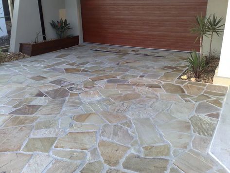 Sandstone Patio, Patio Paving, Indian Sandstone, Outdoor Paving, Crazy Paving, Exterior Tiles, Sandstone Paving, Stone Wall Cladding, Front Garden Design