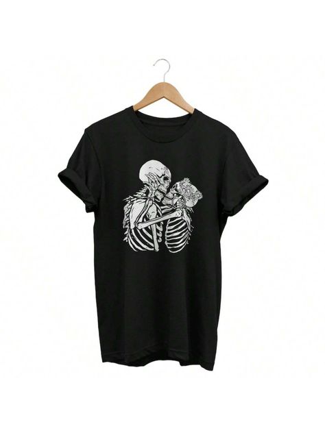 Skeleton Kissing Shirt, Gothic Valentine Lovers T-Shirt, Dark Aesthetic Art Graphic Tee, Goth Style Valentine's Day Gift Black Casual  Short Sleeve Knitted Fabric Colorblock,Halloween,Random Print  Slight Stretch Spring/Summer/Fall Women Clothing, size features are:Bust: ,Length: ,Sleeve Length: Gothic Valentine, Goth Style, Goth Fashion, Dark Aesthetic, Autumn Summer, Aesthetic Art, Black Casual, Summer Fall, Skeleton