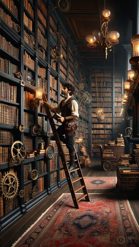 Step into the enchanting world of a dark Arcadian library, where a steampunk librarian meticulously shelves books, surrounded by the mystical allure of knowledge and adventure. Alchemist Library, Library Phone Wallpaper, Guild Aesthetic, Steampunk Librarian, Steampunk Library, Shelves Books, Hidden Library, Steampunk City, Steampunk Furniture