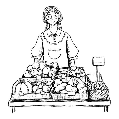 Seller woman sells vegetables at the cou... | Premium Vector #Freepik #vector #fruit-shop #vegetable-shop #market #female-illustration Vegetable Market Drawing Sketch, Fruit Shop Drawing, Market Illustration Drawing, Market Drawing Sketches Easy, Vegetable Seller Drawing, Fruit Market Drawing, Vegetable Market Memory Drawing, Fruit Seller Drawing, Vegetable Market Drawing