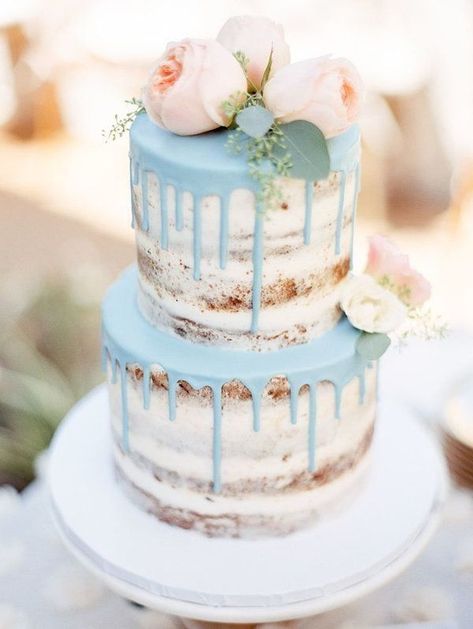 Dripping Blue Icing Wedding Cake | A semi-naked two-tier cake is decorated by Sasselina Sweets with some gorgeous pink flowers and beautiful pale blue dripping icing. #Wedding #Cakes #WeddingCake #WeddingCakes #WeddingCakeIdeas #WeddingCakeInspiration Bolo Drip Cake, Fall Brunch, Torte Cupcake, Tiered Cake, Naked Cakes, Cake Trends, Wedding Cake Inspiration, Dessert Bar