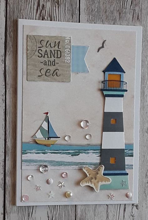 Sea Cards Handmade, Ocean Birthday Cards Diy, Beach Cards Ideas, Summer Cards Handmade, Beach Cards Handmade, Simple Birthday Cards For Men, Lighthouse Theme, Lighthouse Cards, Sea Cards