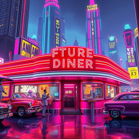 Retro Futuristic Diner

#RetroFuturism #Diner #NeonArt #art #poster Diner Poster, Neon Diner, Futuristic Diner, Diner Painting, Retro Diner Drawing, Diner Artwork, Retro Futuristic, Neon Art, Retro Futurism