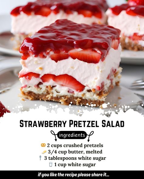 Strawberry Pretzel Salad 🍓🥨🥗 Ingredients - 🥨 2 cups crushed pretzels - 🧈 3/4 cup butter, melted - 🥄 3 tablespoons white sugar - 🥛 1 cup white sugar - 🧀 2 (8 ounce) packages cream cheese - 🥄 1 (8 ounce) container frozen whipped topping, thawed - 🍓 2 (3 ounce) packages strawberry flavored Jell-O® - 💧 2 cups boiling water - 🍓 2 (10 ounce) packages frozen strawberries Directions: 1. **Preheat Oven:** Preheat oven to 350 degrees F (175 degrees C). 2. **Prepare Crust:** - 🥨 Mix pretzels, melt... Red White Blue Pretzel Salad, Strawberry Pretzel Dessert, Strawberry Pretzel Salad, Pretzel Crust, Pretzel Salad, Strawberry Pretzel, Summer Dessert Recipes, Jell O, Frozen Strawberries