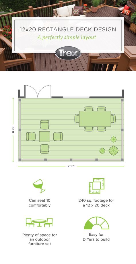 Want to learn how to plan and build a rectangle deck? Get a free DIY deck design plan from Trex for a 12 x 20 rectangle deck. Rectangle Deck, Deck Design Plans, Deck Furniture Layout, Deck Building Plans, Backyard Renovation, Laying Decking, Deck Layout, Patio Layout, Trex Deck