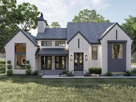 European House Plan, 050H-0470 Three Gables, Modern Cottage House Plans, English Homes, Modern Cottage Style, Street Appeal, European Plan, Farmhouse Designs, Tall Windows, Cottage Style House Plans