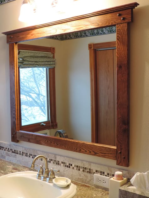 Mission - Craftsman style bathroom mirror I made from salvaged flooring to match the cabinets. Craftsman Mirrors, Mission Style Bathroom, Rustic Floor Mirrors, Craftsman Style Bathroom, Bathroom Ideas Mirrors, Craftsman Style Bathrooms, Bathroom Mirror Lighting, Wood Framed Bathroom Mirrors, Diy Bathroom Mirror Frame