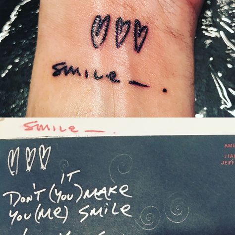 Smile, Pearl Jam Tattoo. Three crooked hearts. ❤️❤️❤️ Pearl Jam Tattoo Ideas, Tattoo Pearl, Pearl Jam Tattoo, Jam Tattoo, Pearl Jam Lyrics, Sunshine Tattoo, Smile Tattoo, Ribbon Tattoos, Joker Tattoo