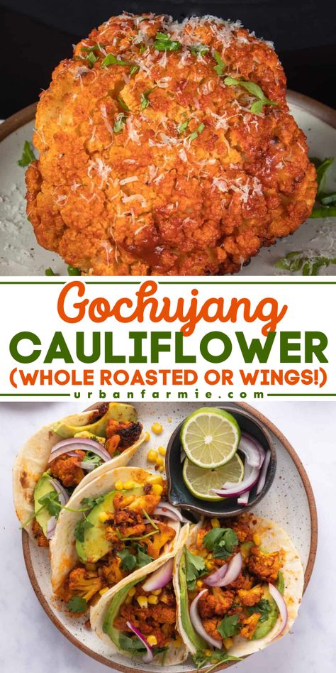 Looking for a summer side dish for BBQ? This Gochujang Cauliflower is the answer! This cauliflower recipe has a tangy Korean gochujang sauce and is a spicy umami explosion in your mouth. It also makes an easy Spring recipe! Korean Cauliflower Recipes, Vegetarian Korean Bbq, Korean Bbq Cauliflower, Gochujang Cauliflower, Tacos Fried, Korean Vegetarian Recipes, Korean Vegetarian, Bbq Cauliflower, Veggie Side Dish Recipes