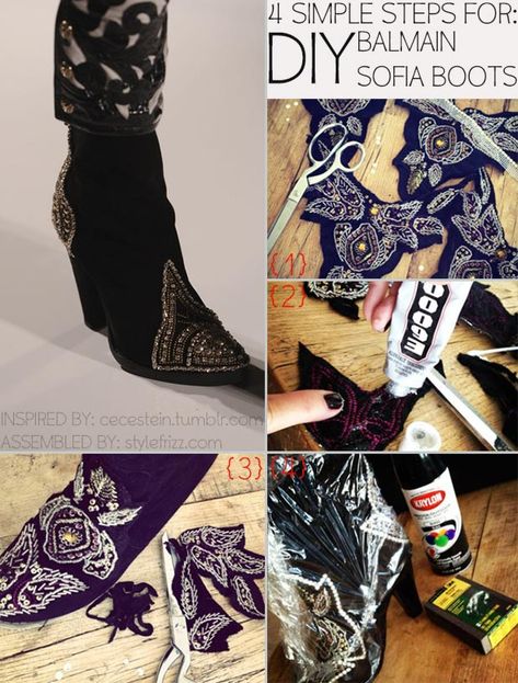 Diy Boots, Upcycle Shoes, Easy Diy Fashion, Balmain Boots, Boho Cowboy, Boots Diy, Design Your Own Shoes, Grunge Boots, Shoe Makeover