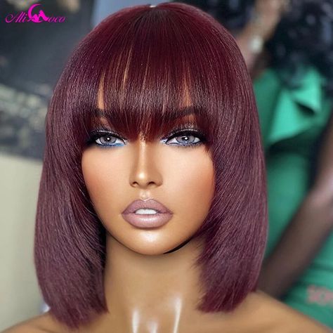 27.57US $ 68% OFF|180 Density 99J Full Machine Made Short Bob Wigs With Bangs For Black Women Burgundy Color Straight Human Hair Wigs No Lace Wigs| | - AliExpress Kort Bob, Straight Short Bob, Bob Wig With Bangs, Reddish Purple, 13x4 Lace Front Wig, Human Hair Color, Wig Straight, Layered Cut, Colored Wigs