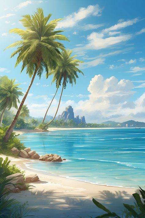 Tiki Background, Imvu Backgrounds, Green Nature Wallpaper, Beach Landscapes, Digital Graphics Art, Beach Scene Painting, Beach Drawing, Ocean Backgrounds, Scenery Paintings