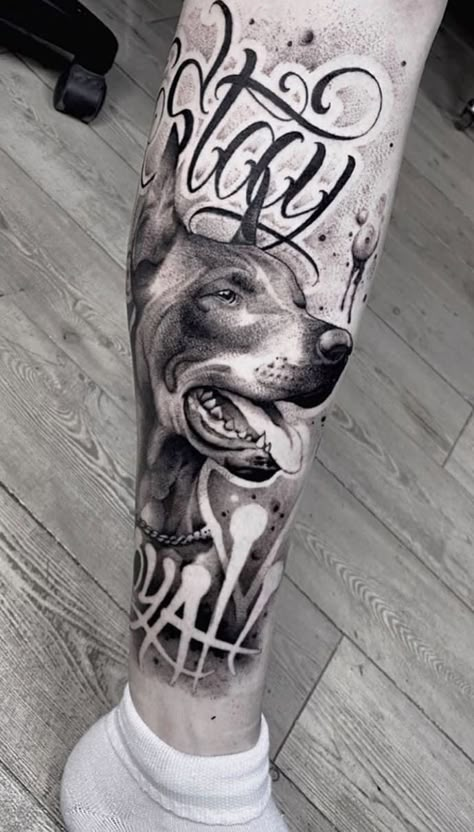 Doberman Pinscher Tattoo Ideas, Animal Portraits Tattoos, Doberman Tattoo Design, Pitbull Tattoos, Tattoo Perro, A Sleeve Tattoo, Pet Portrait Tattoos, Majestic Dog, Bull Terrier Tattoo