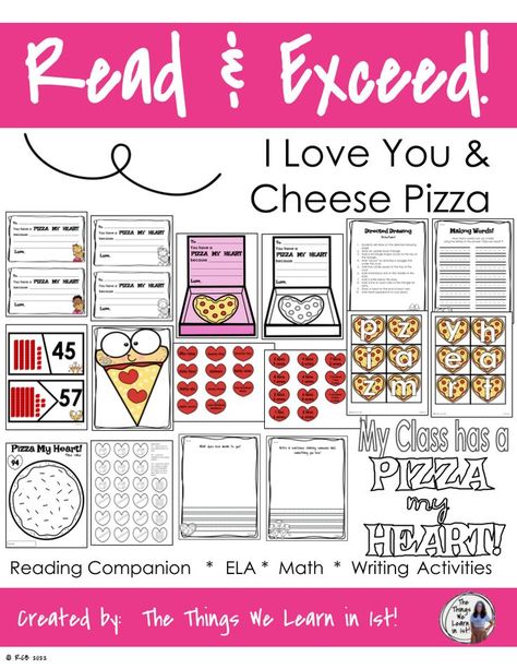 Reading Companion for "I Love You and Cheese Pizza" by Brenda Li This file includes: *Pizza My Heart note cards, Making Words, Reading Response, Directed Drawing Directions, "My Class has a PIZZA my HEART" bulletin board, Place Value Pizza Match, Pizza My Heart Place Value, Hundreds/Tens/Ones Number Match, and Direction page This resource does NOT replace the book, nor does it give any of the book away! It is intended to be used WITH the book! A Pizza My Heart, Pizza My Heart, Math Writing, Heart Place, Directed Drawing, Making Words, Tens And Ones, Reading Response, My Class