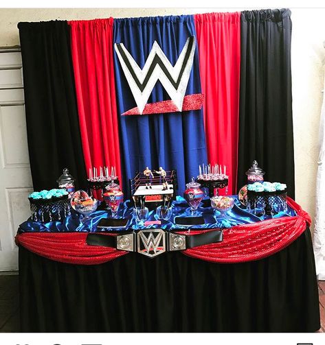 Wwf Birthday Party Ideas, Wrestling Party Decorations, Wwe Food Ideas, Wwe Party Decorations, Wwe Birthday Party Ideas Decoration, Wrestling Birthday Party Ideas, Wwe Decorations, Wrestling Birthday Cakes, Wwe Birthday Party Ideas