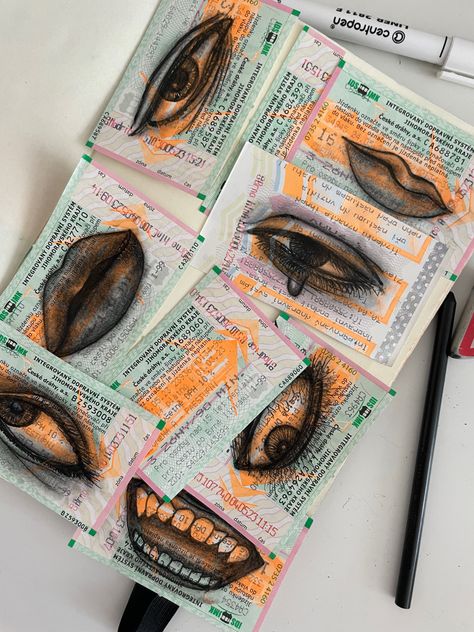 …what to do with all those train tickets so now there is a new stuff in my sketchbook Train Ticket Art, Train Ticket, Gcse Art Sketchbook, Train Tickets, My Sketchbook, Gcse Art, Sketchbook Pages, New Stuff, Found Object