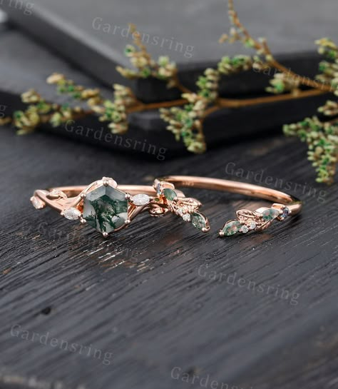 Moss Agate Engagement Ring, Band Art, Branch Ring, Agate Engagement Ring, Ring Marquise, Moissanite Wedding Band, Leaf Ring, Engagement Ring Set, Ring Promise