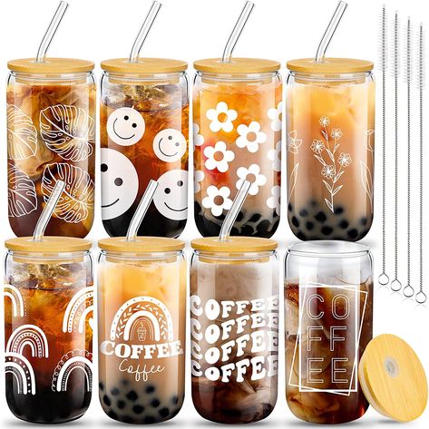 Cups With Bamboo Lids, Glassware Design, Coffee Glasses, Cleaning Brushes, Glass Coffee Cups, Glass Cups, Glass Straws, Coffee Tumbler, Cup Design