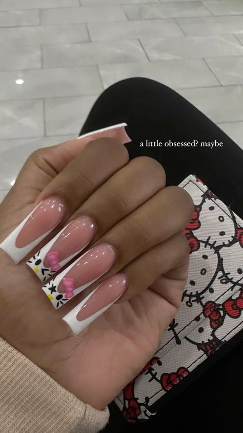 White Hello Kitty Nails, Long Hello Kitty Nails, Pink Nails Hello Kitty, Hello Kitty Nail Set, Hello Kitty Acrylics, Short Hello Kitty Nails, Hello Kitty Nail Ideas, Hello Kitty Acrylic Nails, Nails Sets