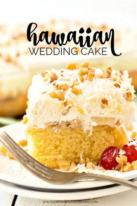 Hawaiian Wedding Cake Recipe, Hawaiian Wedding Cake, Hawaiian Desserts, Hawaiian Cake, Fluffy Frosting, Banana Pudding Cake, Wedding Cake Recipe, Poke Cakes, Vanilla Cake Recipe