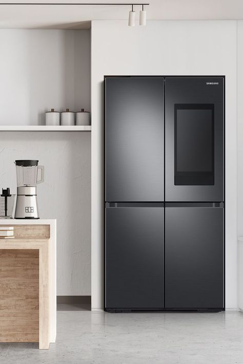 contemporary kitchen backsplashes Black Fridge Kitchen, Family Hub Refrigerator, Black Fridge, Contemporary Kitchen Backsplash, Black Fridges, White Refrigerator, Black Refrigerator, Stylish Kitchen Design, Kitchen Unique