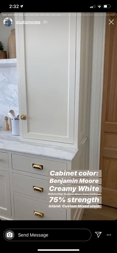 Cabinets = Creamy White (BM), Walls = Swiss Coffee @75% (BM) Swiss Coffee, Cabinet Color, Up House, Kitchen Cabinet Colors, Interior Paint Colors, Kitchen Redo, Kitchen Paint, Cabinet Colors, Paint Colors For Home