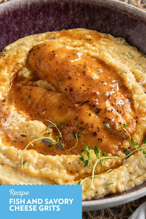 Shrimp And Grits Southern Style, Salmon Grits Recipe, Scallop And Grits Recipes, Chicken And Grits Recipes Dinners, Cod And Grits, Blackened Catfish And Grits, Cajun Cheese Grits, Fish And Grits Sauce, Salmon And Grits Breakfast