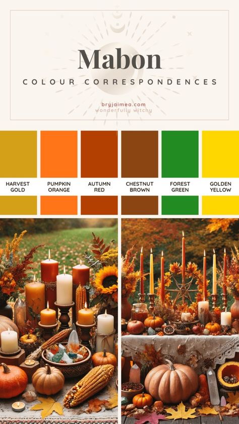 Creating a Mabon Altar: Essentials and Decorations | Bry Jaimea Lughnasadh Correspondences, Witchcraft Correspondences, Lughnasadh Altar, Altar Essentials, Mabon Altar, Pantone Swatches, Moon Symbols, Sandalwood Incense, Divine Feminine Spirituality