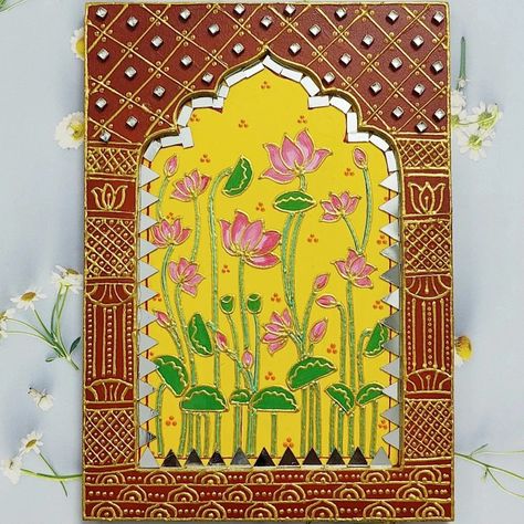 Zarokha Paintings, Lippan Art Mandir, Jharoka Painting, Diwali Display Board Ideas, Jharoka Art, Jharokha Design, Mandir Painting, Art Deco Curtains, Mural Art Design