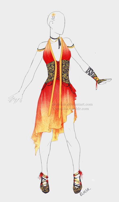 Outfit adopt: Fire dress - Closed by Sellenin on DeviantArt Phoenix Character, Female Costumes, Draw Clothes, Fire Outfits, Dress Sketches, Anime Dress, Fashion Design Drawings, Drawing Clothes, Red And Yellow