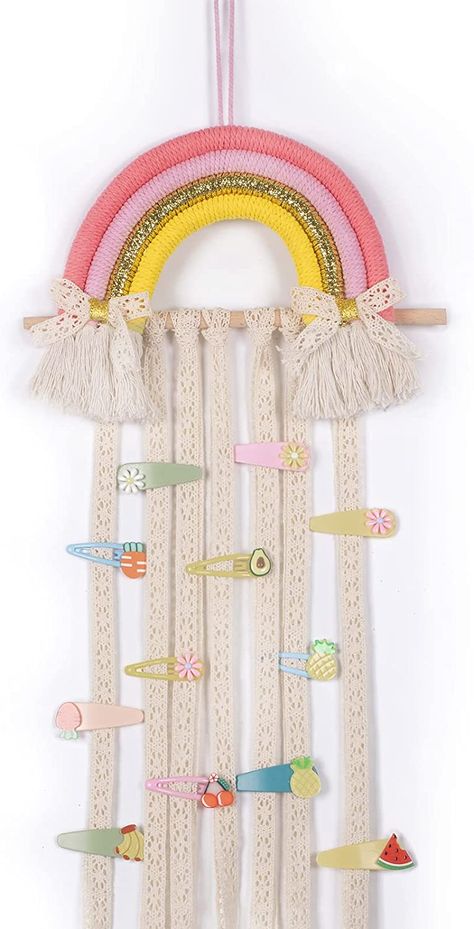 Hanging Hair Bow Organizer, Hairclip Organizer Diy, Hairclip Holder Diy, Kids Hair Clips Storage, Hair Band Organizer Diy, Rainbow Bow Holder, Baby Hair Accessory Organizer, Storage For Hair Accessories, Storage Ideas For Hair Accessories