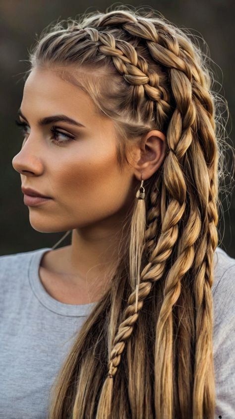 how to do viking braids hairstyles Long Hair Extensions Hairstyles, Cool Braided Hairstyles Unique, Boho Long Hairstyles, French Mohawk Braid, Warrior Braids Woman, Braided Hairstyles With Extensions, Viking Hairstyles Women, Viking Ponytail, Viking Braids Hairstyles