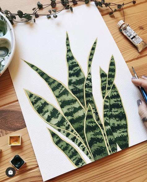 Snake Plant Wall, Easy Painting For Beginners, Plant Wall Art, Painting For Beginners, Gouache Art, Art Painting Gallery, Plant Painting, Small Canvas Art, Watercolor Art Lessons