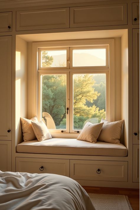 Golden hour bedroom featuring window seat with built-in storage Window Bench Between Closets, Bedroom Built In Window Seat, Aesthetic Window Seat Bedroom, Bay Window With Wardrobe, Window Seat And Bookshelves, Baywindowseat Bedroom, Window Bench Seat Bedroom, Wardrobe With Window Seating, Window Seating Storage