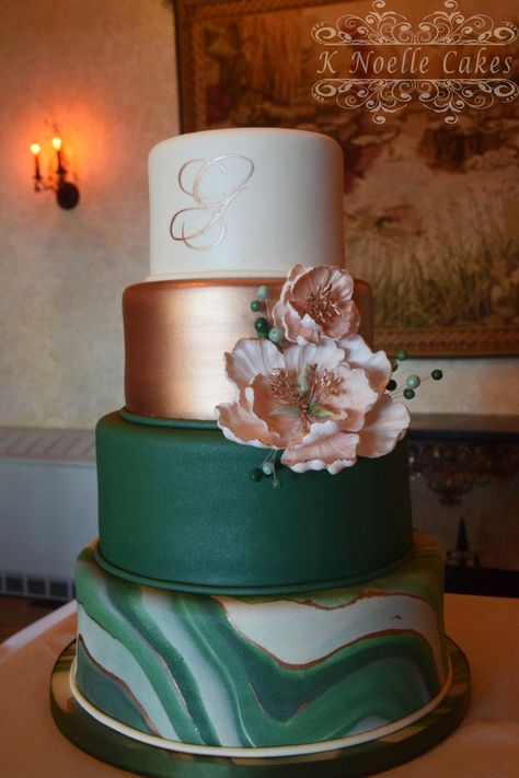 Rose gold/Hunter green and Marbled wedding cake by K Noelle Cakes Wedding Cakes Elegant Emerald Green, Emerald Green Rose Gold Champagne Wedding, Forest Green Rose Gold Wedding, Rose Gold And Hunter Green Wedding, Emerald Green Black And Rose Gold Wedding, Hunter Green And Gold Party Decorations, Hunter Green And Gold Wedding Cake, Emerald And Rose Gold Wedding Decor, Hunter Green And Rose Gold Wedding Ideas