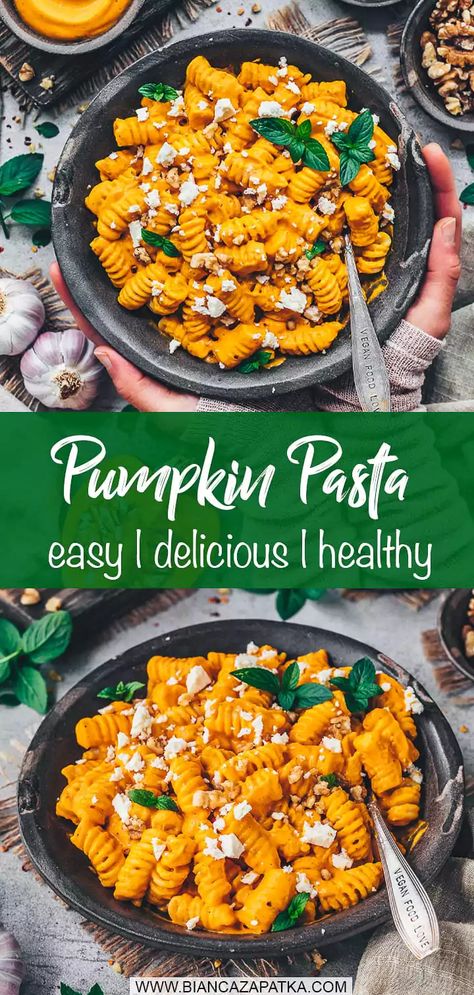 This super creamy Roasted Pumpkin Pasta Sauce Recipe with vegan feta and walnuts is quick and easy to make yet healthy and delicious! #pumpkin #pasta #sauce #pastarecipe #squash #easyrecipes #lunch #dinner #veganrecipes #vegetarian #recipes #food #vegan #healthyrecipes | biancazapatka.com Pumpkin Feta Pasta, Roasted Pumpkin Pasta, Creamy Pasta Sauce Recipes, Pumpkin Pasta Sauce Recipe, Pumpkin Pasta Recipe, Carrot Pasta, Pumpkin Recipes Dinner, Pumpkin Pasta Sauce, Pasta Sauce Recipe