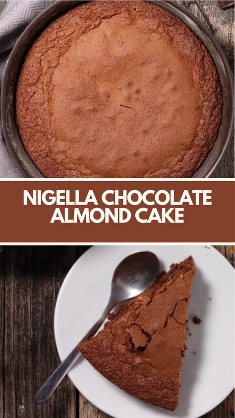 Nigella’s Chocolate Almond Cake is made with eggs, butter, sugar, chocolate, and ground almonds creating a luxurious chocolaty dessert that’s ready in an hour! Nigella Lawson Recipes Desserts, Nigella Lawson Chocolate Cake, Chocolate Almond Cake Recipe, Mat Inspiration, Nigella Lawson Recipes, Chocolate Almond Cake, Food Dolls, Almond Milk Recipes, Almond Cake Recipe