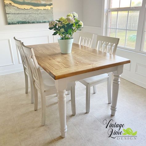 White painted table with new custom built pine top stained in Early American and sealed with polyurethane. Refinished Dining Table, White Painted Table, Pine Dining Room, Repainting Kitchen Cabinets, Painted Kitchen Tables, White Kitchen Table, Wooden Kitchen Table, Diy Dining Room Table, Dining Table Makeover