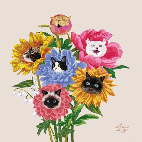 A Bou-CAT for you 💐 . . . #bouquetofflowers #catflower #flowercat #catillustration #catart #alissalevy #levysfriends #editorialillustration | Instagram Cat Bouquet, Happy Birthday Illustration, Birthday Illustration, Cat Flowers, Mom Art, Art Collage Wall, Editorial Illustration, Cat Illustration, Pretty Cats