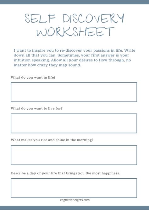 How to Figure Out What You Truly Want in Life + Free Self Discovery Worksheet - Cognitive Heights Worksheets For Adults, How To Relax Yourself, Counseling Worksheets, Know Yourself, Deep Questions, Self Exploration, Writing Therapy, Sasha Banks, Therapy Worksheets