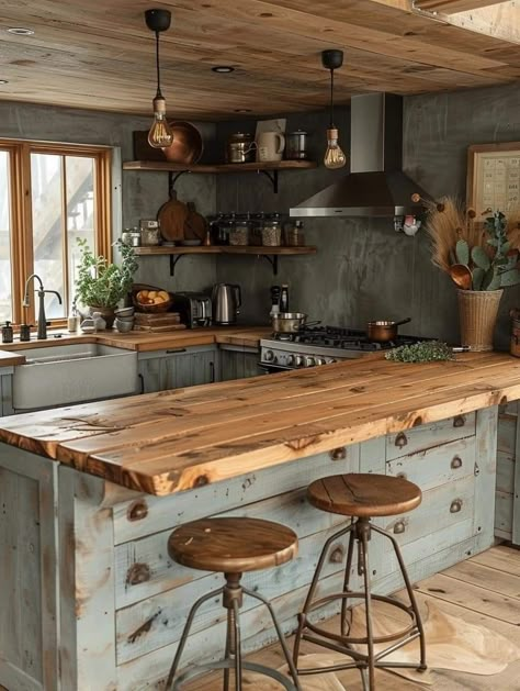 Rustic Kitchen Island Ideas, Rustic Countertops, Counter Top Ideas, Rustic Counter, Barn Kitchen, Rustic Kitchen Design, Cabin Kitchens, Kitchen Redo, Counter Tops