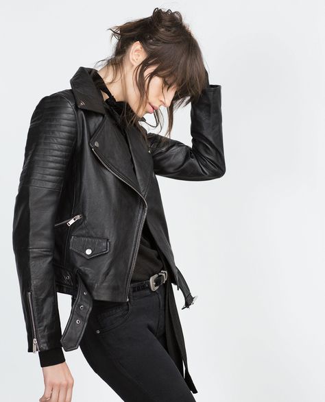 LEATHER JACKET - Jackets - WOMAN - SALE | ZARA United Kingdom Style Androgyne, Jaket Motor, Zara Leather Jacket, Cropped Biker Jacket, Biker Coat, Womens Black Leather Jacket, Look Rock, Zara Leather, Leather Biker Jacket