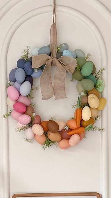 Cyn Stiller on Instagram: "Link In Bio | I made this Easter Wreath and I think it came out so cute! I was able to get everything I needed at @DollarTree and the best part, it didn’t break the bank. Here are all the steps it took to make it. I really love all the different textures of eggs and the tiny little carrots. What do you guys think? Show off your Dollar Tree makes using #SpringCraftingWithDollarTree #DollarTreePartner #DollarTree #CraftingWithDollarTree" Easter Egg Wreath Dollar Tree, Dollar Tree Spring Crafts, Easter Wreaths Diy, Easter Wreath Ideas, Easter Egg Wreath Diy, Daycare Art, Dollar Tree Easter Crafts, Carrot Wreath, Creative Easter Eggs