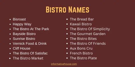 Amazing Bistro Names Ideas For Business Fancy Restaurant Names, Cafe Names Ideas, Bread Bar, Unique Business Names, Bistro Restaurant, Name Boards, Restaurant Names, Names Ideas, French Cafe