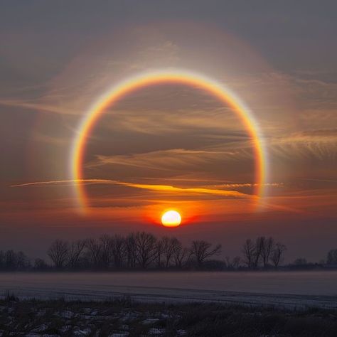 Astronomy & Landscapes | Extremely rare solar halo captured during sunrise... | Facebook Sun Halo Aesthetic, Solar Aesthetic, Sun Halo, In The Beginning God, Gods Creation, Natural Phenomena, Sky Aesthetic, Astronomy, Halo