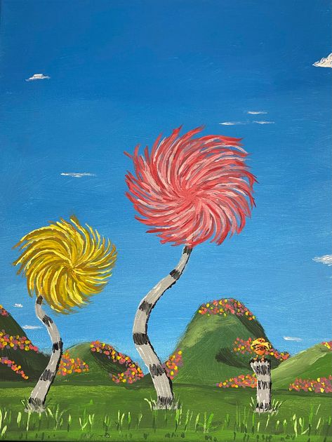 "A simple, yet beautiful, landscape full of colorful Truffula trees, as seen in Dr. Seuss's \"The Lorax,\" complete with an appearance of the titular character. Hand-painted on an 11\" x 14\" canvas with acrylic paints." Truffula Trees Drawing, Book Hallway, Big Tree Painting, Lorax Painting, Easy Tree Painting, Dr Seuss Truffula Trees, Lorax Trees Painting, The Lorax Landscape, Dr Seuss Trees